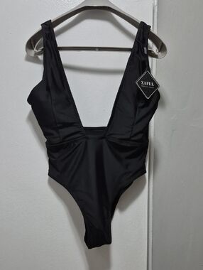 Zaful Black Plunging V One-Piece Swimsuit